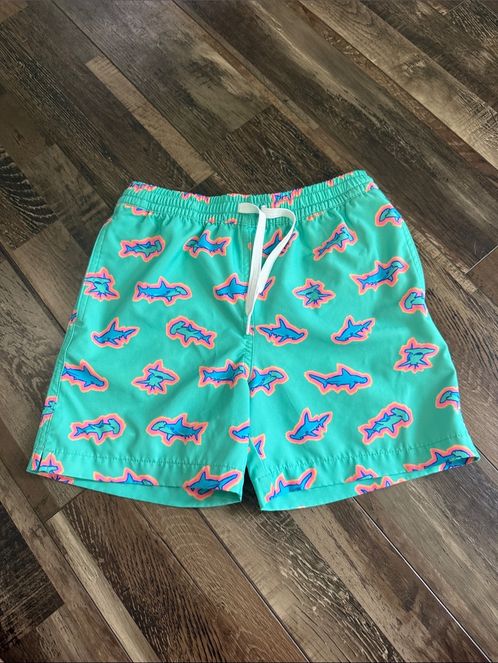 chubbies Mint Swim Trunks with Blue and Pink Shark Print
